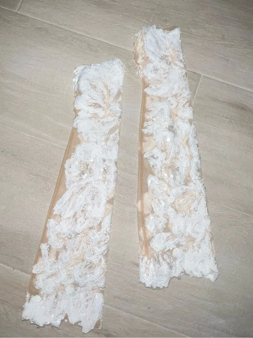 Bridal Lace Sequin Forearm Gloves - White over Nude